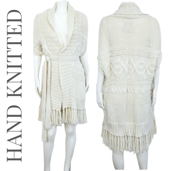 Hand Knitted Cable Knit Wool Blend Cardigan with Fringe Hem with Belt - Picture 1 of 5